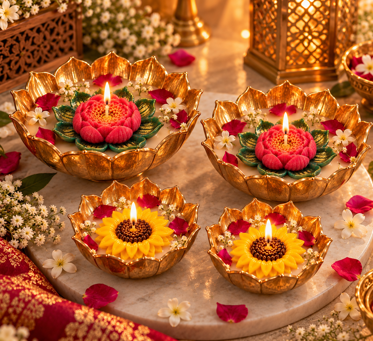 Four golden Urlis with two pink lotus candles and two yellow sunflower candles in a festive Diwali display.