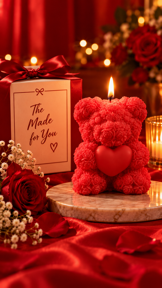 Red Rose Teddy Candle with a glowing flame and gift-ready packaging