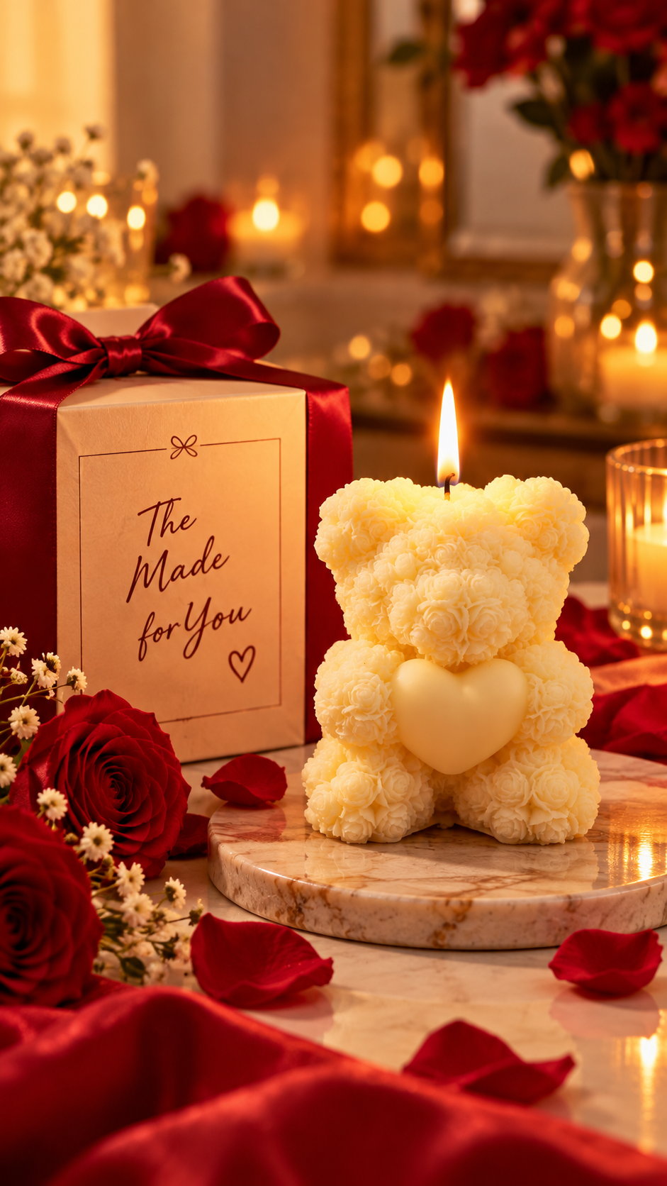 White Rose Teddy Candle with a glowing flame, gift-ready packaging, and rose petals