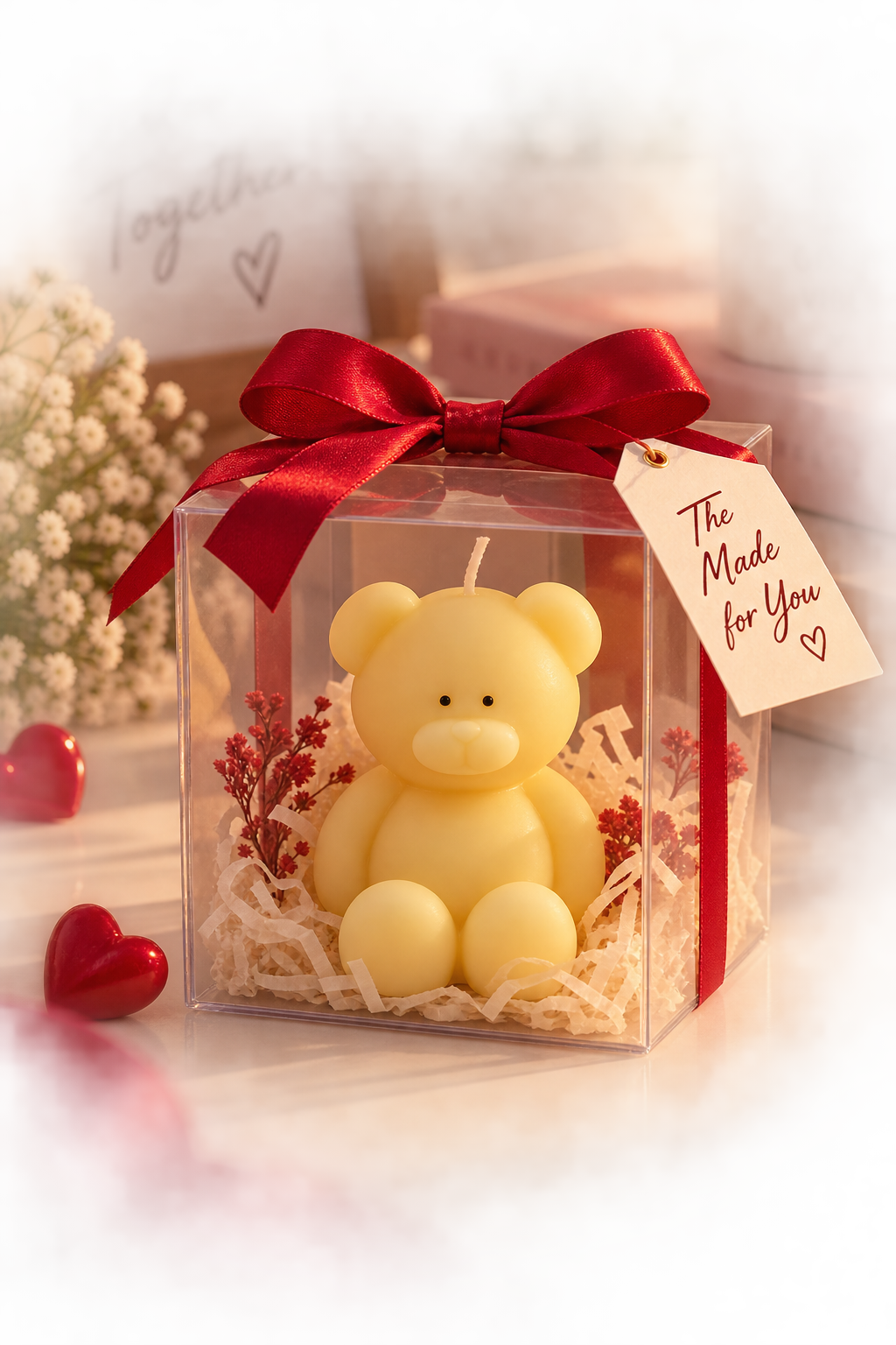 Yellow teddy candle in gift packaging with a romantic couple-gifting setting