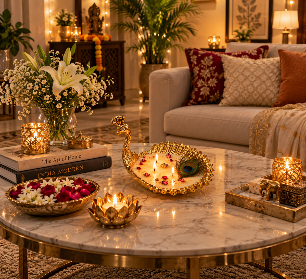 Royal Peacock Urli Candle styled as a centrepiece in a warmly lit living room
