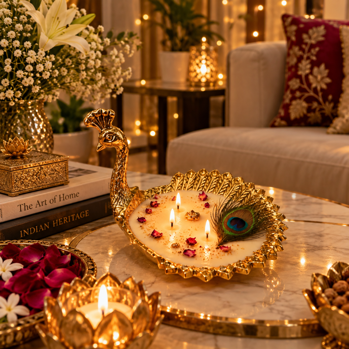 Royal Peacock Urli Candle with gold-toned peacock design and lit wicks, close-up