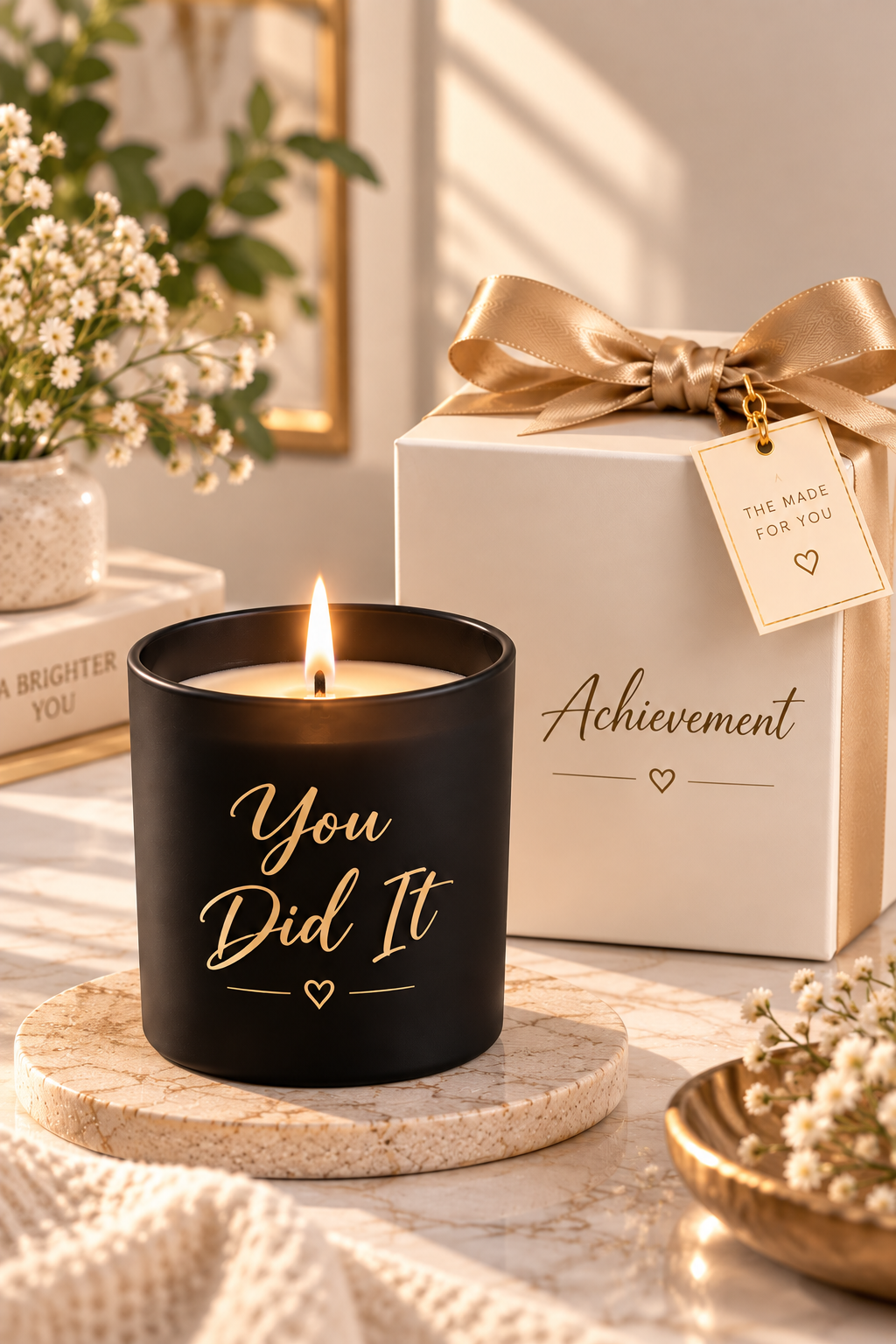 Black and gold You Did It candle lit next to a gift box labeled Achievement