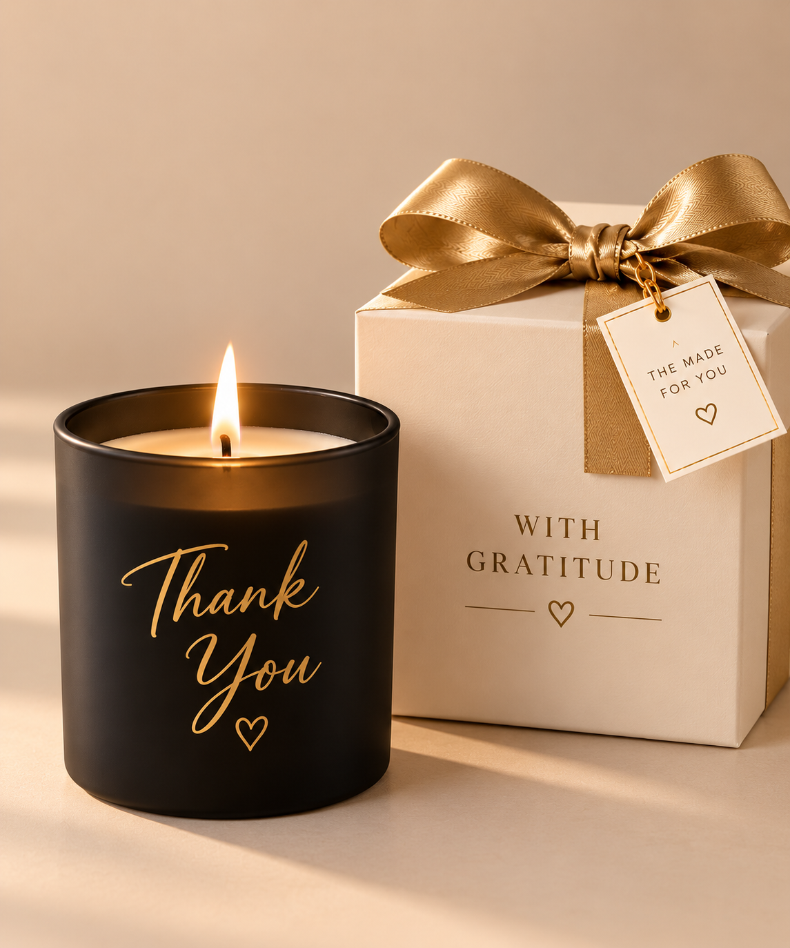Black and gold Thank You candle lit next to a gift box with gratitude tag