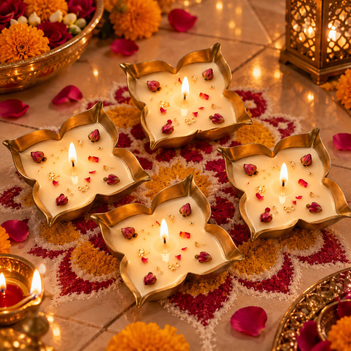 Four gold-toned petal-shaped urli candles arranged on a festive floral rangoli