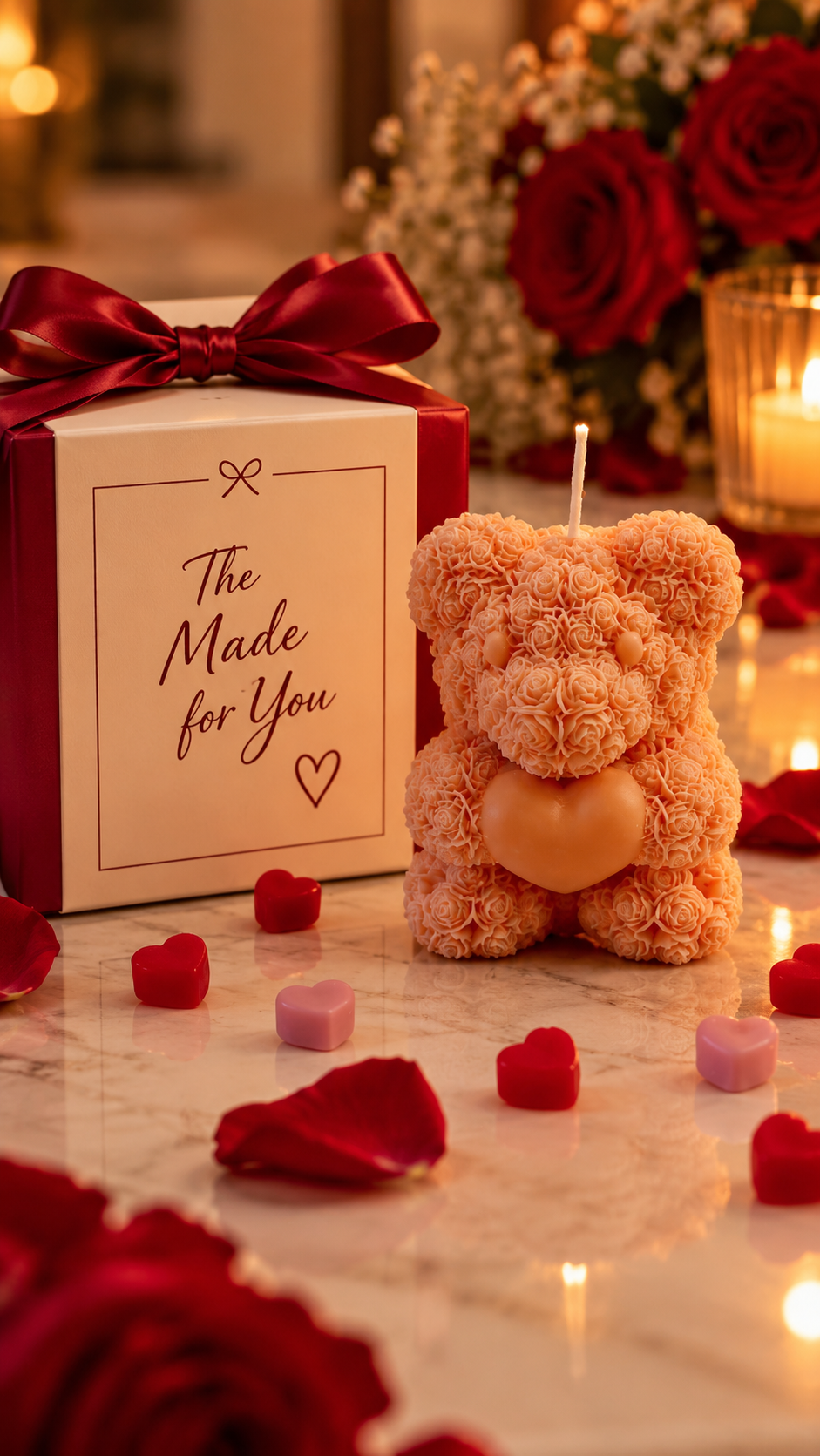 Beige Rose Teddy Candle beside gift-ready packaging and rose petals