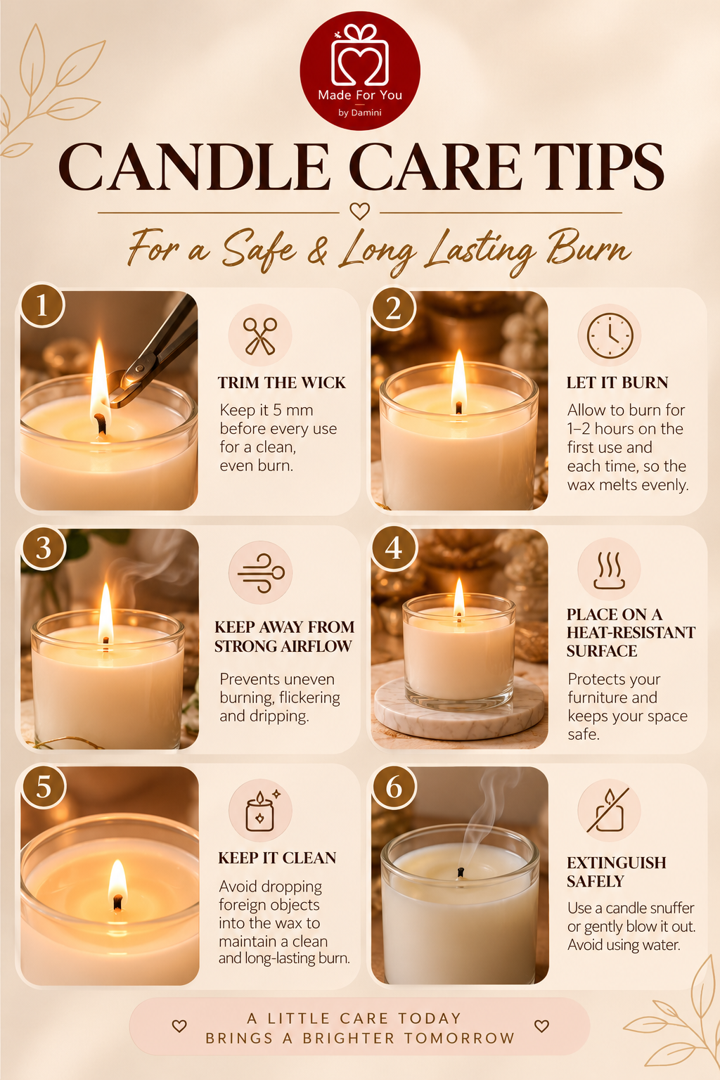 Candle care tips infographic for safe and long-lasting burn