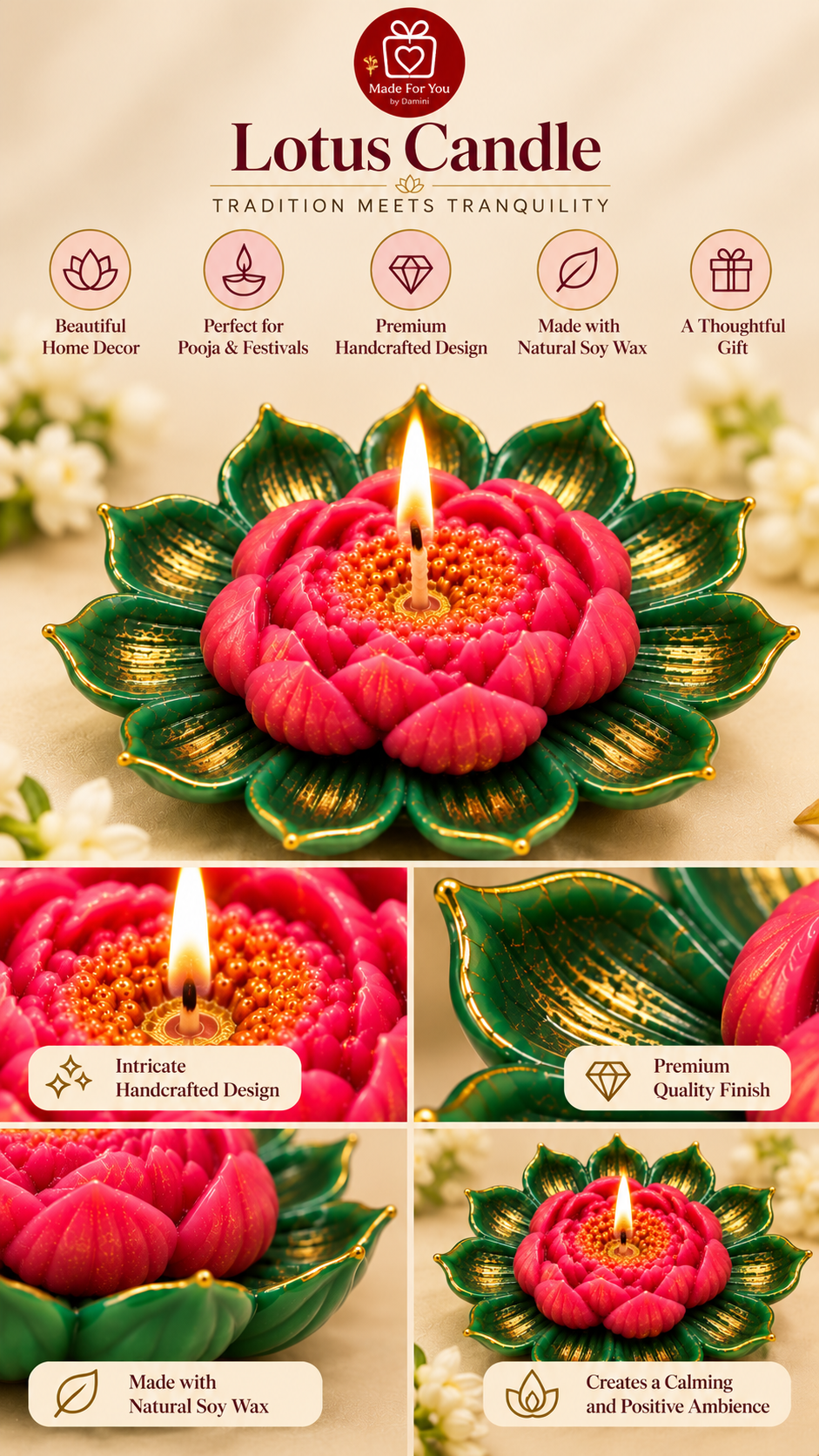 Lotus Flower Diya-Style Candle Set