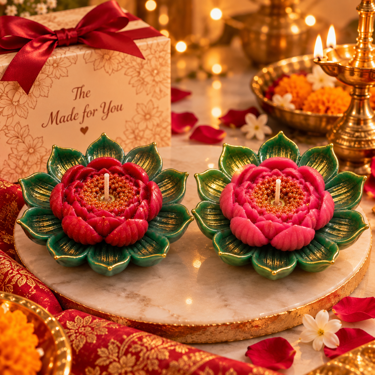 Lotus Flower Diya-Style Candle Set