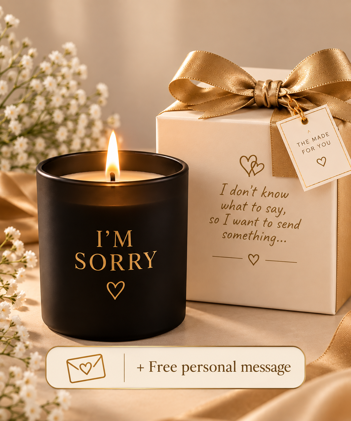 I'M SORRY Candle lit next to a gift-wrapped box with a personal message tag