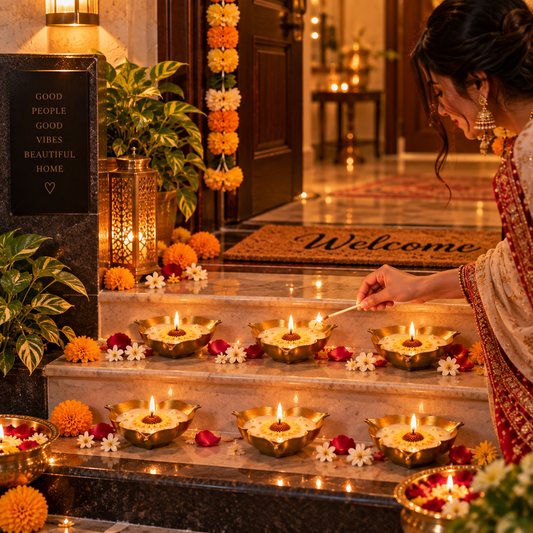 Lifestyle styling inspiration with multiple gold-toned urli candles at a festive entrance; set includes four candles